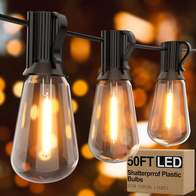 Outdoor String Lights 50ft ST38 Patio Lights with Waterproof Shatterproof 25(+2) LED Bulbs,Outside Hanging Vintage Edison Lights for Porch, Deck, Garden, Backyard, Balcony, 2700K Dimmable