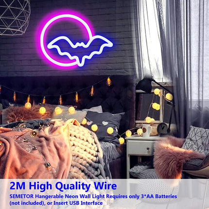 SEMETOR Neon Signs, Moon and Bat LED Neon Lights, Neon Light Sign for Wall USB/Battery Powered Led Neon Sign for wall decor, bedroom, Kids , Living Room, Bar, Party, Christmas, Wedding, Halloween