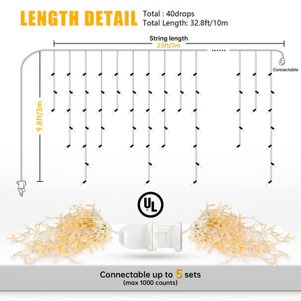 Icicle Lights Outdoor, 23FT 200 Connectable Icicle Christmas Lights,Warm White Plug in Curtain String Lights for Indoor Wedding Party Holiday Xmas Yard Patio Window Decorations