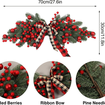 27.6 Inch Artificial Christmas Swag,Winter Pine Needles Decoration Swag with Ribbon Bow and Red Berry,Front Door Decor Christmas Wreath-with lamp