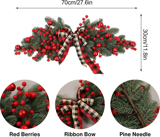 27.6 Inch Artificial Christmas Swag,Winter Pine Needles Decoration Swag with Ribbon Bow and Red Berry,Front Door Decor Christmas Wreath-with lamp