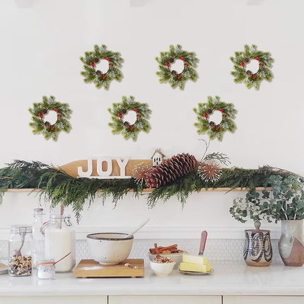 XHXSTORE 6PCS Christmas Candle Rings Christmas Small Wreath 8.26" Artificial Cedar with Pine Cones Farmhouse Wreath Artificial Snowflakes for Front Door Windows Centerpieces Tree Decorations
