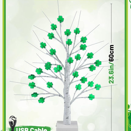 St. Patrick's Day Lighted Birch Tree with Timer, 32 LED Green Shamrock Artificial Tree, Branches Ornaments for Irish Home Party Decorations - USB & Battery Operated