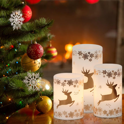 Eldnacele Christmas Flickering Flameless Candles with 6 Hour Timer, Gold Deer Decal Battery Operated Real Wax LED Pillar Candles Home Tabletop Holiday Decor(3Pcs,3×4/5/6 Inches)