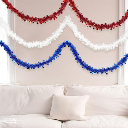 3 Pcs 50 Ft 4th of July Patriotic Garland Tinsel Stars Garland Decorations for Memorial Day 4th of July Outdoor Home Holiday Decor Blue, Red, White