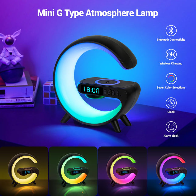 Mini G Type Wireless Charging Atmosphere Lamp with Bluetooth Speaker Alarm Clock Night Light 15W Wireless Charger Speaker for Bedside Lamp Ambient Lighting for Christmas (Black)