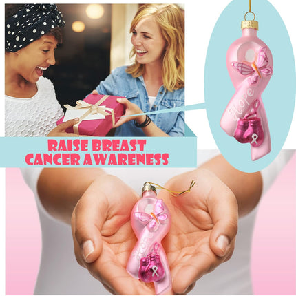 Jetec 4 Pieces Christmas Glass Ornament Breast Cancer Awareness Pink Ribbon Blown Ornament Decoration Hanging Breast Cancer Ornaments for Christmas Tree Pink Hope Ribbon Ornament with Butterfly Gloves