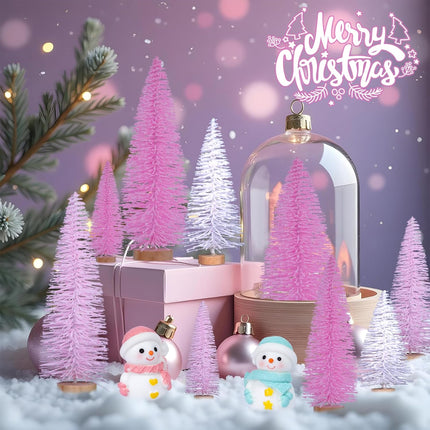 AerWo 10Pcs Mini Pink Christmas Trees Bottle Brush Christmas Trees 3.94''-7.87'' with Snowman Couple, Small Christmas Village Trees Pine Trees for Tabletop Christmas Decor Winter Holiday Decorations