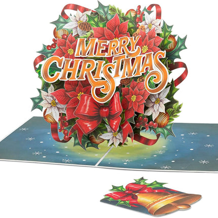 Christmas Wreath Pop Up Card, Merry Christmas, Poinsettia, Flowers, Bow, Bell, Elegant 3D Greeting Card, Ideal for Mom, Sister, Grandma, Women, Wife, Girlfriend, 5x7