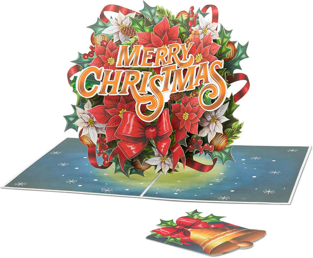 Christmas Wreath Pop Up Card, Merry Christmas, Poinsettia, Flowers, Bow, Bell, Elegant 3D Greeting Card, Ideal for Mom, Sister, Grandma, Women, Wife, Girlfriend, 5x7