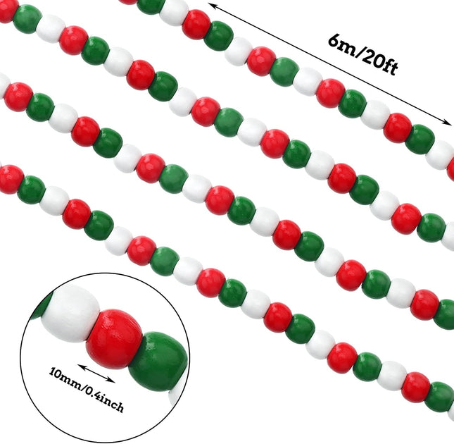 19.7 Ft Christmas Candy Bead Garland Wooden Candy Garland Boho Christmas Decor Christmas Tree Garland for Christmas Decorations Holiday Party Decor (Mixed Red, White, Green)
