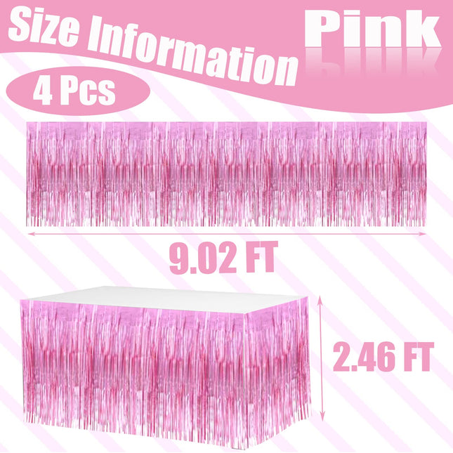 4 Pack 29x108 Inch Metallic Foil Fringe Tinsel Table Skirts for Rectangle Tables Streamer Curtains Backdrop for Wedding, Birthday, Parade Floats, Christmas, Halloween Party Supplies(Pink)