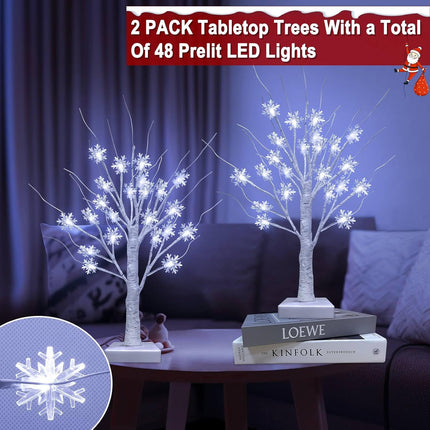 TURNMEON Tabletop Christmas Tree, 2 Pack Lighted Birches Tree Small Christmas Tree, Prelit 48 Snowflake White Lights Timer, Battery Operated Adjustable Branches Xmas Decor Home Indoor Mantel 18 inch