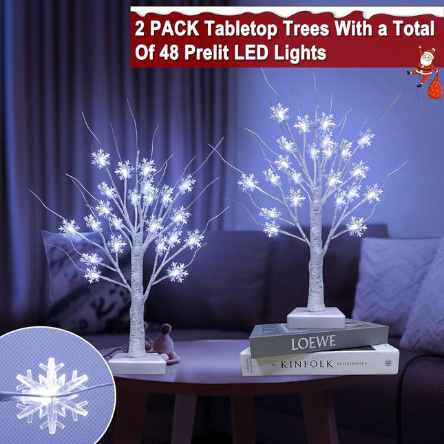 TURNMEON Tabletop Christmas Tree, 2 Pack Lighted Birches Tree Small Christmas Tree, Prelit 48 Snowflake White Lights Timer, Battery Operated Adjustable Branches Xmas Decor Home Indoor Mantel 18 inch