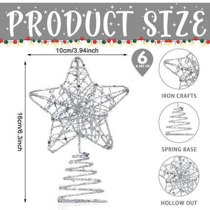 Hiboom 6 Pieces Mini Christmas Tree Star Toppers Glittered Xmas Tree Topper 4 Inch Hollow Star Treetop Topper for Indoor Party Decoration Ornaments(Silver)