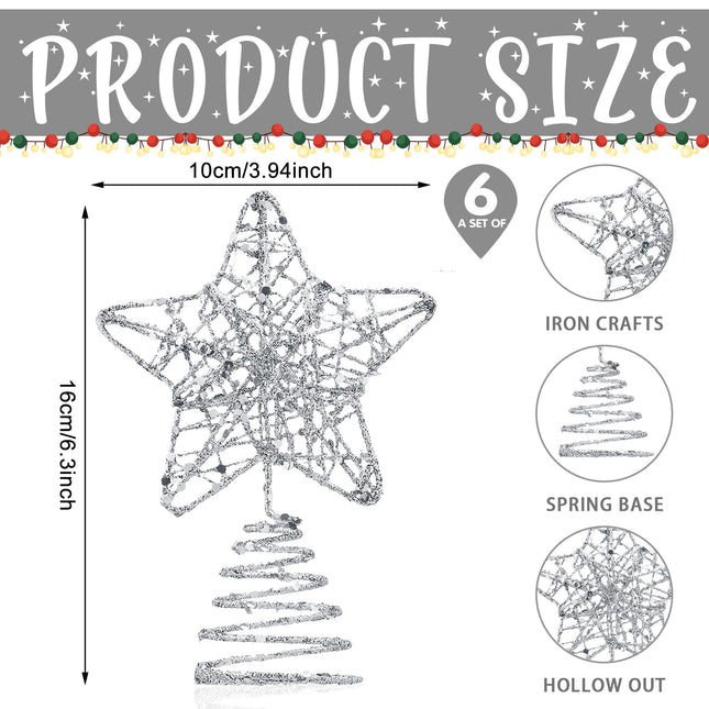 Hiboom 6 Pieces Mini Christmas Tree Star Toppers Glittered Xmas Tree Topper 4 Inch Hollow Star Treetop Topper for Indoor Party Decoration Ornaments(Silver)