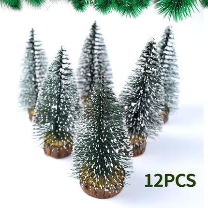 12pcs 4inch Mini Christmas Tree Bottle Brush Chrismas Village Trees Miniature Chrismas Tree Decoration-Plastic Christmas Trees with Wooden Base