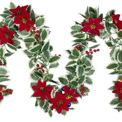 Christmas Poinsettia Garland 25.5 Feet Artificial Poinsettia Garland with White Edge Green Holly Leaves for Xmas Home Dining Room Deck Railing Staircase Decorations (Poinsettia&Ball&Berry)