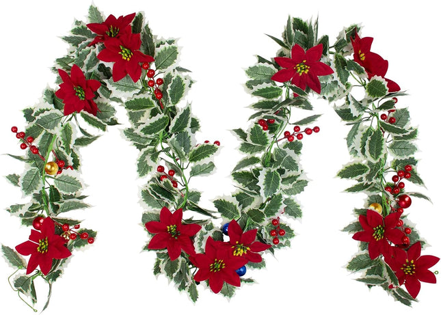 Christmas Poinsettia Garland 25.5 Feet Artificial Poinsettia Garland with White Edge Green Holly Leaves for Xmas Home Dining Room Deck Railing Staircase Decorations (Poinsettia&Ball&Berry)