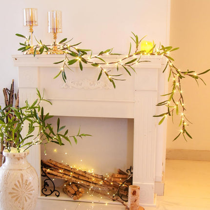 Vanthylit Lighted Artificial Olive Garland, 6FT LED Faux Greenery Vine Garland Lights Battery Operated with Timer for for Mantel Fireplace Wedding Christmas Holiday Home Decor
