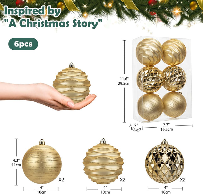 4.3" Large Christmas Balls Ornaments Set for Tree, 6-Pack Xmas Tree Decorations Balls, Shatterproof Glossy Pendant Plastic Indoor Christmas Decorations, Gold Assorted Hanging Balls for Holiday, Party
