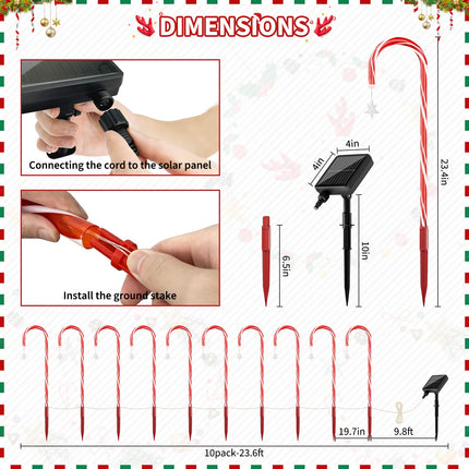 10 Packs d Solar Christmas Candy Cane Lights,Solar Pathway Lights, IP65 Waterproof with 8 Modes,Christmas Decorations Outdoor for Party Patio Garden Lawn Yard Decor