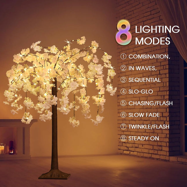 OUSHENG Lighted Cherry Blossom Tree LED Artificial Trees for Decoration Inside, Light up Tree with Faux Flower for Home Patio Wedding Party Festival Christmas Decor, Warm White, 4FT