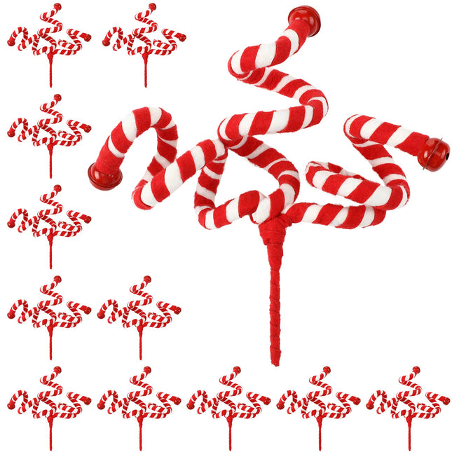 12 Pcs Christmas Tree Decoration Candy Cane Woolen Bells Curly Pick Christmas Ornaments Candy Shape Christmas Tree Picks Candy Christmas Tree Topper for Garland Party Decor (Red, White)