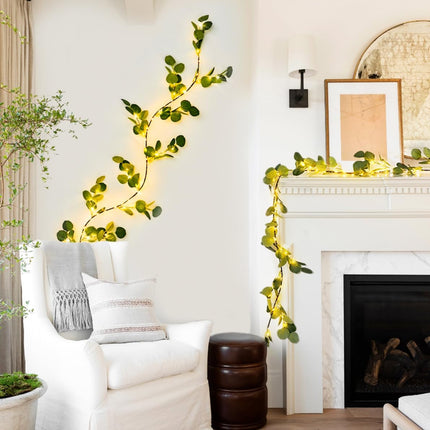 JMEXSUSS Artificial Eucalyptus Christmas Garland with Lights, 6FT Lighted Fall Garland Battery Operated with Timer, Artificial Vine Lights for Mantel Fireplace Autumn Wedding Christmas Decoration