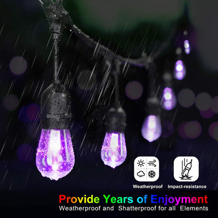 Mlambert 48FT Outdoor Patio Lights Waterproof Dimmable with Remote, RGB Cafe LED String Light with 15 Shatterproof Bulbs for Bistro Party-Black 1 Pack