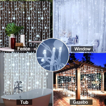 d Solar Curtain Lights Remote Control, Outdoor Garden Lights 300 LED 8 Modes Waterproof Solar Waterfall Fairy String Lights Decoration for Christmas Patio Garden Party Wedding (Cool White)