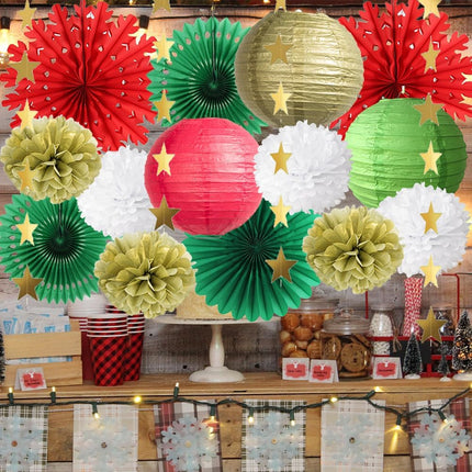 Red Green and Gold Christmas Decorations Snowflake Paper Fans Decorations Hanging Paper Lanterns Tissue Paper Pom Poms Kit with Star Garland Gold for Chritmas Party