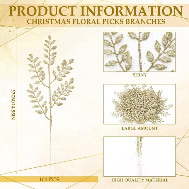 Zeyune 100 Pcs 14.6 Inch Glitter Artificial Christmas Picks Shinny Leaf Spray Christmas Tree Picks and Sprays Floral Picks for Xmas Winter Wreath Vase Fillers DIY Floral Arrangements (Champagne Gold)