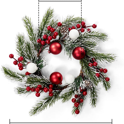 14" Artificial Christmas Mini Wreath Mixed Frosted White Pine Red Berry Xmas Balls Pinecones Accent Candle Rings Wreaths for Winter Fireplace Mantels Home Holiday Centerpiece Table Decorations (Ball)