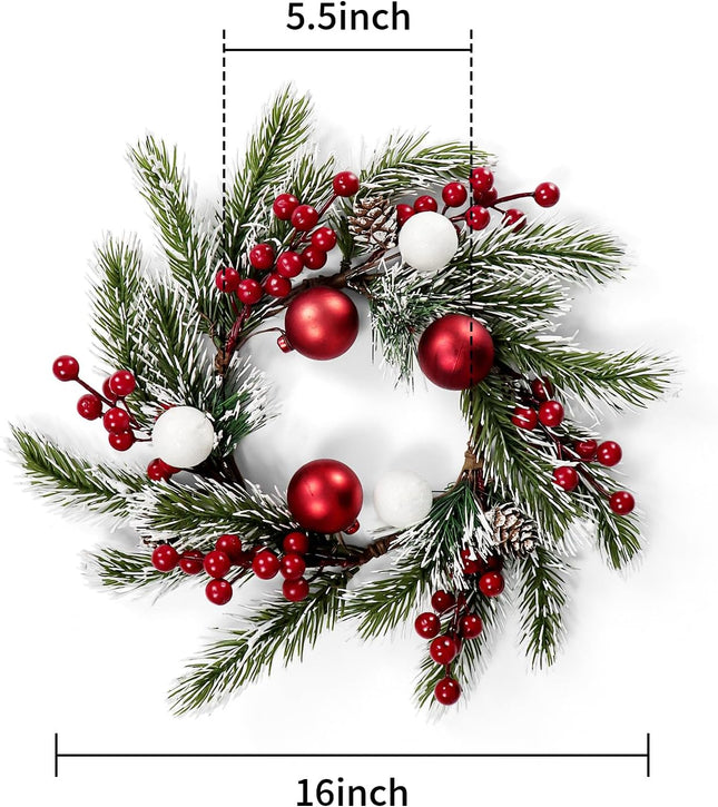 14" Artificial Christmas Mini Wreath Mixed Frosted White Pine Red Berry Xmas Balls Pinecones Accent Candle Rings Wreaths for Winter Fireplace Mantels Home Holiday Centerpiece Table Decorations (Ball)