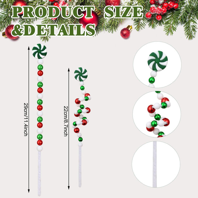 Huwena 36 Pcs 8.7 Inch Christmas Picks Bells Curly Pick Candy Lollipop Box Christmas Tree Picks for Christmas Tree Decorations Home Office Vase Ornaments Party (Red, White, Green,Lollipop)