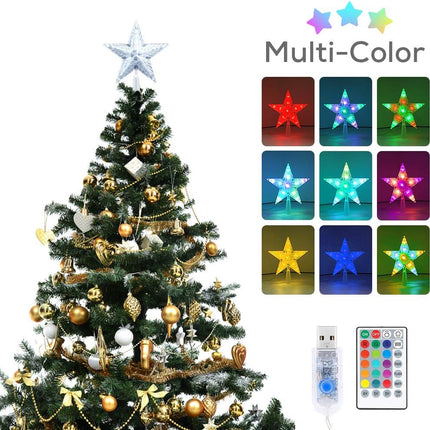 Christmas Tree Topper Star 7" LED Lighted Star Tree Top w/Remote Control, 5-Point Star RGB Night Light Treetop, Small Xmas Tree Decor for Christmas, USB Plug in/Wire 9.84Ft