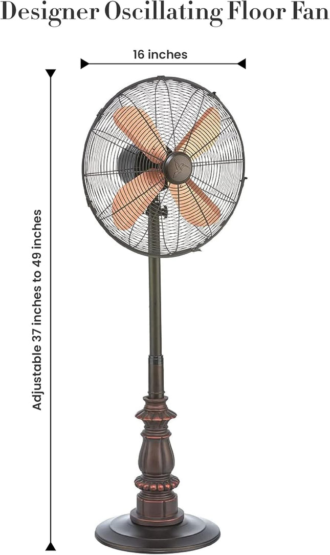 Decobreeze Pedestal Standing Fan, 3 Speed Oscillating Fan With Adjustable Height, Kipling, Antique Fan, 16 Inches