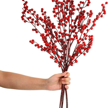 WILLBOND Artificial Red Berry Stems 21.6 Inch Christmas Red Berries Holly Berry Branches for Christmas Tree Year Decor DIY Craft (8, Simple Style)