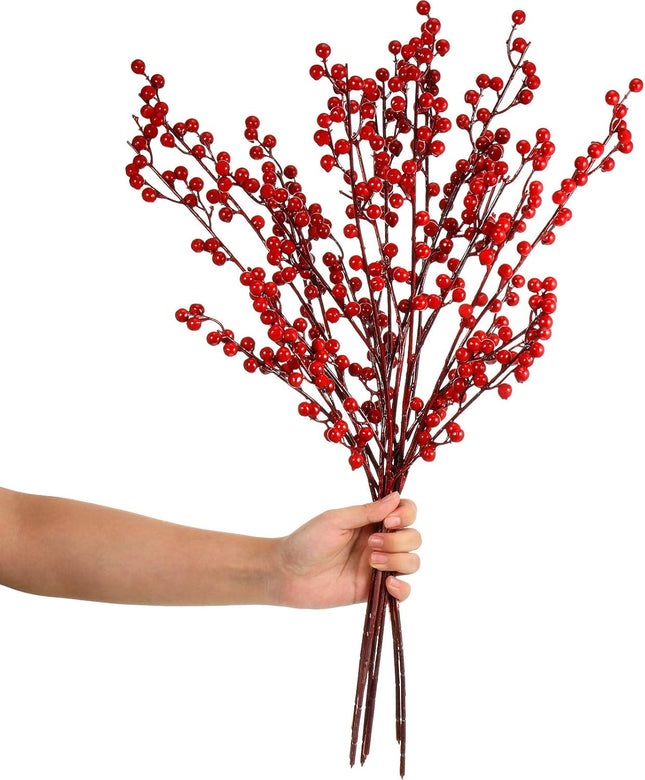 WILLBOND Artificial Red Berry Stems 21.6 Inch Christmas Red Berries Holly Berry Branches for Christmas Tree Year Decor DIY Craft (8, Simple Style)