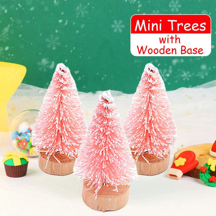 24Pcs Christmas Decorations Mini Christmas Trees, Artificial Christmas Tree Bottle Brush Trees with Wooden Base for Christmas Decor Christmas Party Home Table Craft-Pink