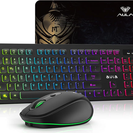 AULA Wireless Keyboard and Mouse Combo, RGB Backlit, Rechargeable & 2.4GHz Quiet Wireless Gaming Keyboard Mouse, Full-Size Ergonomic Keyboard Mouse & Mousepad Combo for PC, Windows and Mac