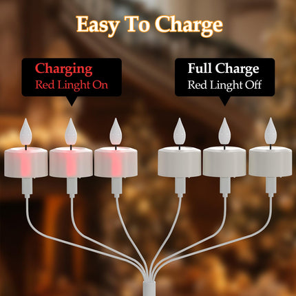 PChero Rechargeable Tea Lights with Remote Timer, 12 Packs Flickering Flameless LED Tealights Candles with 2 USB Charging Cables & Remote for Wedding Xmas Halloween Home Decor