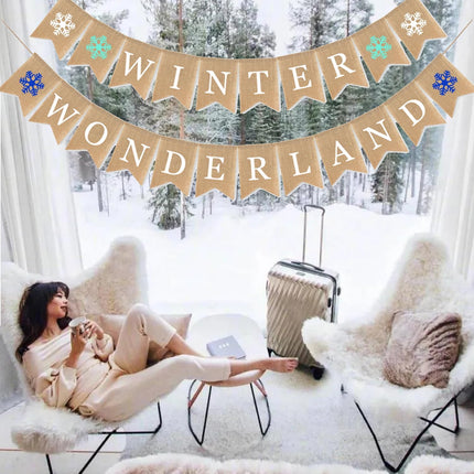 Winter Wonderland Banner Burlap Snowflake Christmas Sign Home Decoration Holiday Mantel Fireplace Bunting Garland Decoration Festival Flags Family Gardens Indoor Outdoor Banner (Winter Wonderland)
