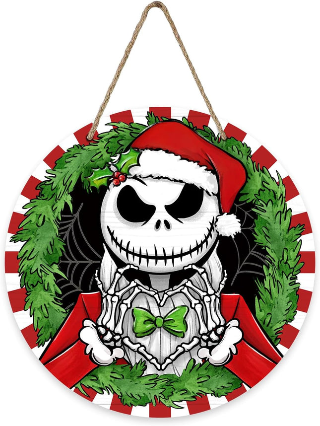 Deroro Christmas Jack Skellington Front Door Sign, Xmas Red White Stripes Green Wood Door Hanger Outdoor Outside Porch Decor, Spider Web Funny Holiday Wooden Wreath Indoor Wall Hanging Decoration