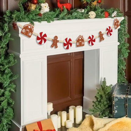 6Ft Christmas Garland Decorations - Felt Jinglebread Man & House with Wood Beads - Christmas Banner Decor for Mantle, Wall, Tree - Perfect for Indoor Christmas Decorations & Party Supply