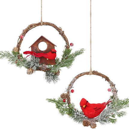 2pcs Small Christmas Wreath with Cardinal, 9-inch Mini Wreaths for Cabinets, Cabinet Wreaths for Kitchen Christmas, Wreaths for Windows (Cardinal)