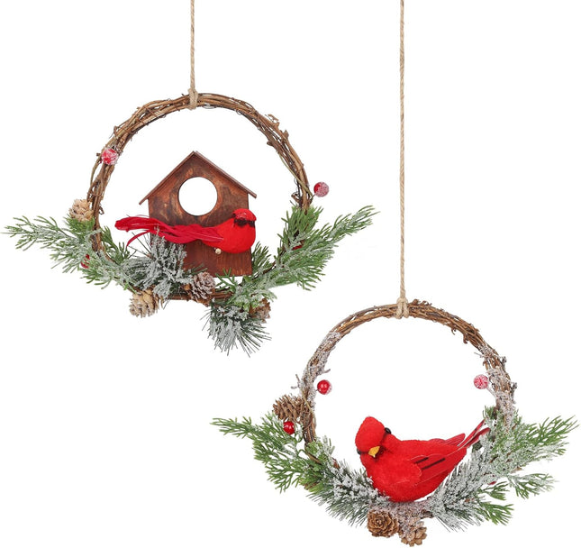 2pcs Small Christmas Wreath with Cardinal, 9-inch Mini Wreaths for Cabinets, Cabinet Wreaths for Kitchen Christmas, Wreaths for Windows (Cardinal)