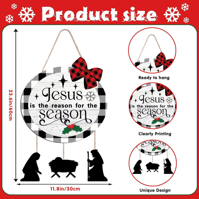 Jesus Is The Reason for The Season Door Hanging Sign Christmas Nativity Scene Front Door Hanger Christmas Wooden Door Wreath Welcome Sign Xmas Wooden Wall Hanging Decor for Front Door Wall