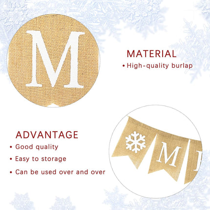 Whaline Merry Christmas Banner Burlap Christmas Fireplace Banner Christmas Wall Banners Snowflake Banner Bunting Garland Pre-Assembled Hanging Christmas Tree Decor for Christmas Party Supplies